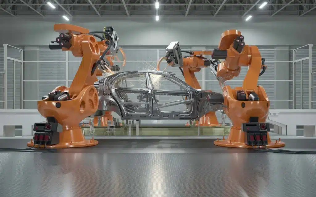 robots working on a car in a factory