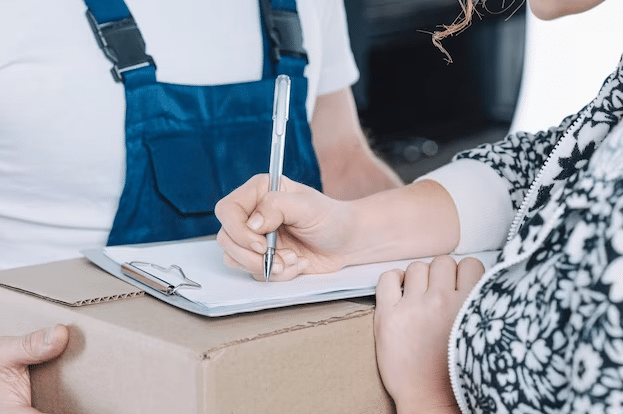 a man and woman are holding a clipboard and writing on a piece of paper